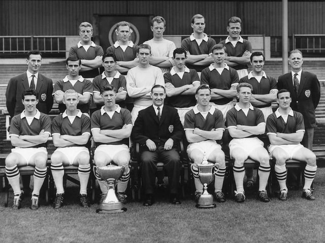 The Heart of Midlothian 1959/60 team with League Championship and League Cup trophies, the last Hearts side to win the Scottish title.