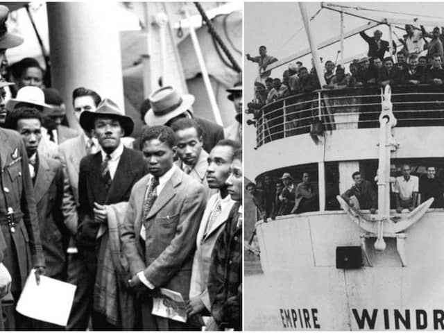Caribbean migrants are welcomed by RAF officials after the Empire Windrush landed them in London in 1948 Image: PA Media/Getty Images