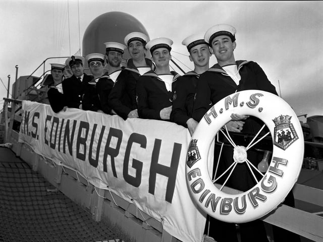 Local sailors line up on the gang planl of HMS Edinburgh at Leith docks in December 1985.