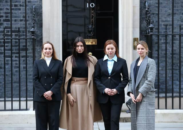 Four Ukrainian MPs: Olena Khomenko (left), Lesia Vasylenko (centre-left), Alona Shkrum (centre-right) and Maria Mezentseva at Downing Street, for talks with Prime Minister Boris Johnson.