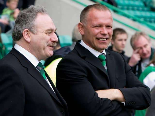 John Hughes, right, with former Hibs chairman Rod Petrie, who he claims refused to back Hibs in the transfer market