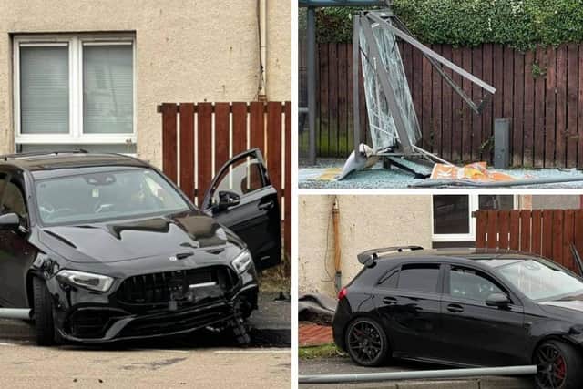 A bus stop at the Stenhouse Cross roundabout in Edinburgh has been destroyed after a car drove directly through it. (Picture credit: Ewen Macleod/ Edinburgh Crime and Breaking News Group)