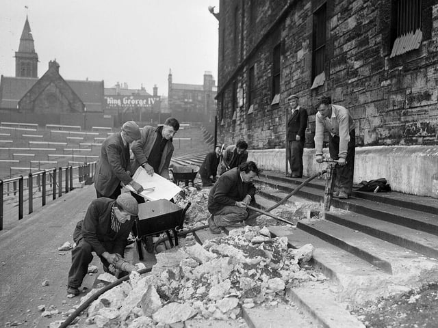 Workmen building the covered enclosure ('The Shed') at Tynecastle Park in 1959. For years The Shed was where the singing would start and be the loudest at Hearts home ground.