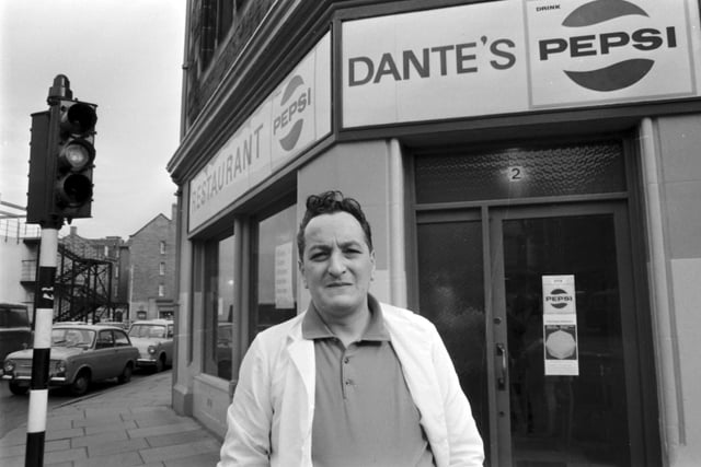Dante Lannie, of the legendary Edinburgh catering family, outside his cafe/restaurant in Marshall Street, October 1970.
