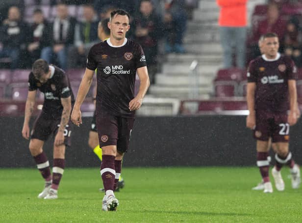 A frustrated Lawrence Shankland during Hearts' 4-0 loss to Istanbul Basaksehir in the Europa Conference League. Picture: SNS