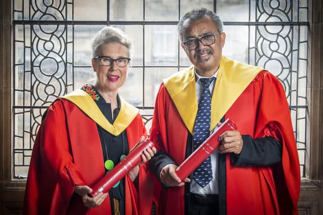 Dr Tedros Ghebreyesus, Director- General of the World Health Organisation and Professor Dame Anne Marie Rafferty, a world-leading academic receiving their honorary degrees