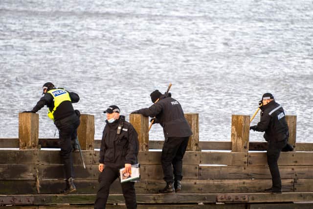 Police Scotland officers scour the beach at Portobello, Edinburgh as the search continues for missing local woman, Alice Byrne. Alice, 28, went missing the morning after a Hogmanay party on News Years Eve, she was last seen at 10am leaving a house on Marlborough Street (Photo: Andrew O'Brien).