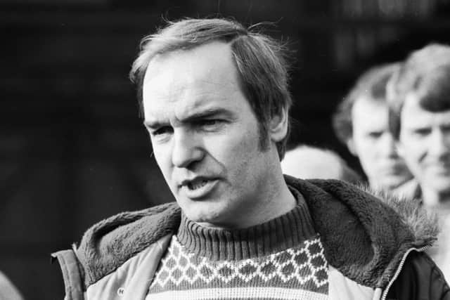 Jim Swan addresses a mass meeting of British Leyland workers in Bathgate, February 1982.