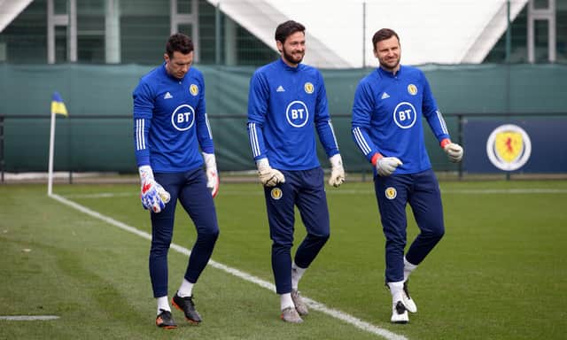 Scotland goalkeepers (from left) Jon McLaughlin, Craig Gordon and David Marshall during a training session at Oriam (Photo by Craig Williamson / SNS Group)