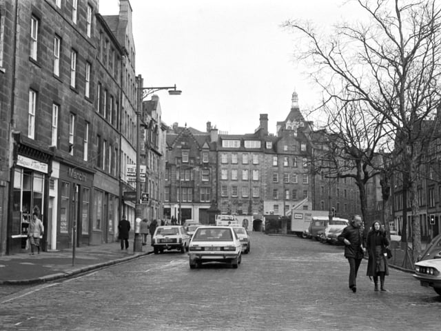 Exterior of antiques shops in the Grassmarket, Edinburgh, March 1980.
