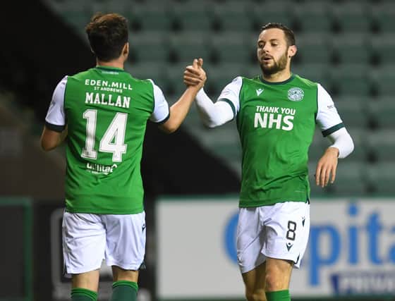 Hibernian's Stevie Mallan (L) celebrates making it 1-0 with Drey Wright against Brora Rangers. (Photo by Craig Foy / SNS Group)