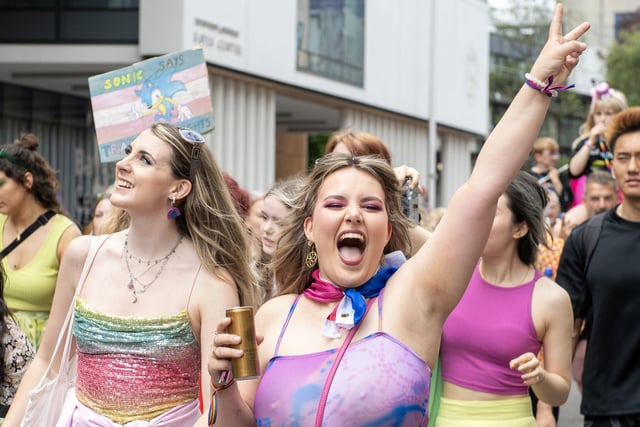 People in high spirits at Pride Edinburgh 2023 parade through Edinburgh city centre. Photo: Lesley Martin/PA Wire