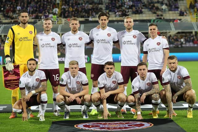 The Hearts team to face Fiorentina line up before kick-off at Stadio Artemio Franchi. Picure: Gabriele Maltinti/Getty