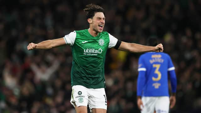 Joe Newell celebrates at full-time as Hibs defeat Rangers in the Premier Sports Cup semi-final. Picture: SNS