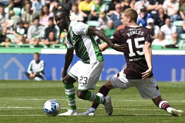 Hibs attacker Elie Youan and Hearts defender Kye Rowles battle for possession during the 1-1 draw at Easter Road earlier in the season. Picture: SNS