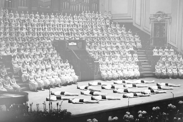 The James Gillespie's Girls School physical training team performing during a concert in the Usher Hall in June 1958.