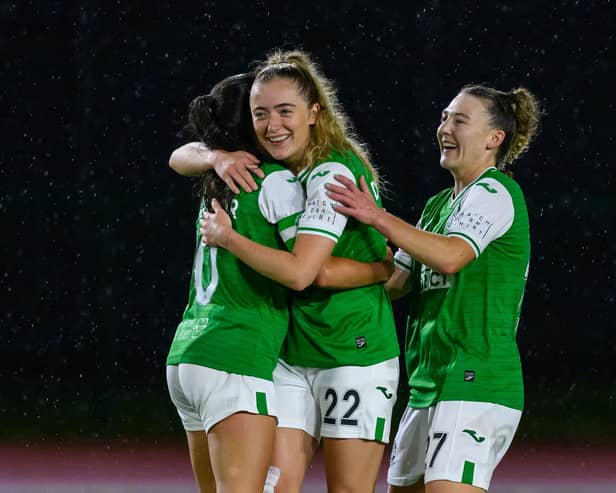 Shannon McGregor celebrates after making it 4-0 against Aberdeen. Credit: (© ScottishPower Women’s Premier League | Malcolm Mackenzie)