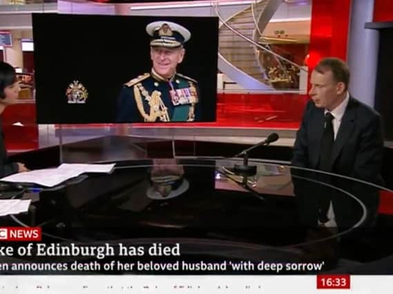 BBC News presenter Andrew Marr addresses the death of the Duke of Edinburgh on TV on Friday