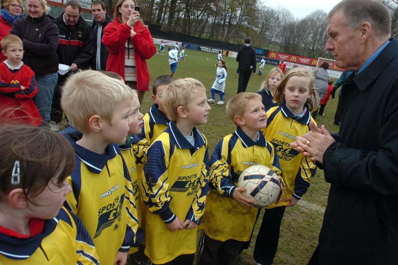 Young football players meet 1966 World Cup legend Geoff Hurst at a football festival at  Sheffield FC Stadium in Dronfield in 2007.