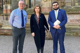Laura Popescu and Anton-Emmanuel Barbu pictured outside the Chapel with Ian Gardner, Director of Rosslyn Chapel Trust (left).