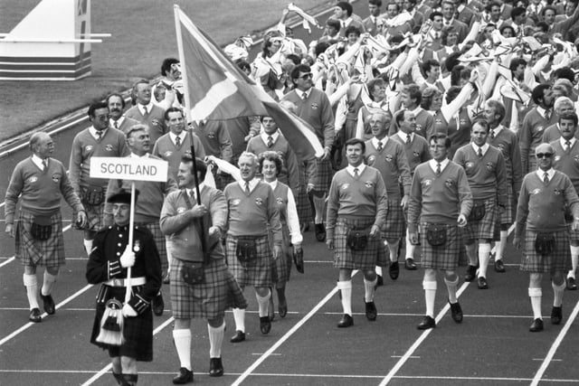 The Scottish team parade at the opening ceremony of the Edinburgh Commonwealth Games 1986.