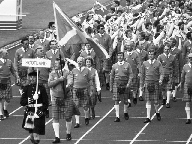 The Scottish team parade at the opening ceremony of the Edinburgh Commonwealth Games 1986.