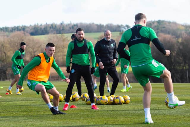 Jacob Blaney (orange bib) takes part in first-team training at the Hibernian Training Centre