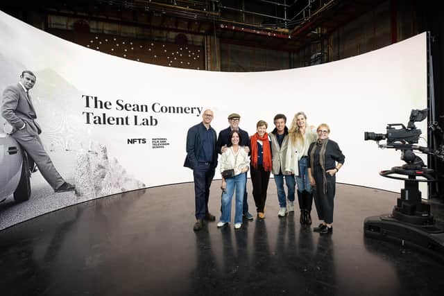 The Sean Connery Talent Lab is launched by National Film and Television School director Jon Wardle, Jason Connery, Jason’s partner Fiona, Holly Gordon, founding executive director of the Sean Connery Foundation, Stephane Connery, Stephane’s partner Tania and Alison Goring, head of NFTS Scotland. Picture: Tim Whitby