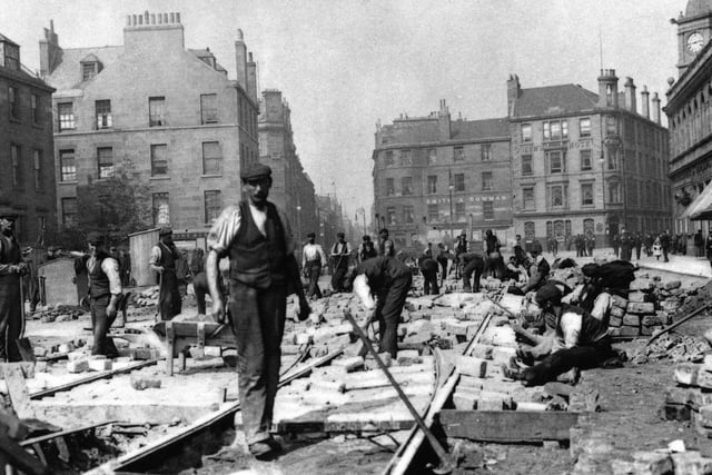 Long before the Trams to Newhaven project, construction workers installed the original tram lines on Leith Walk in 1904.
