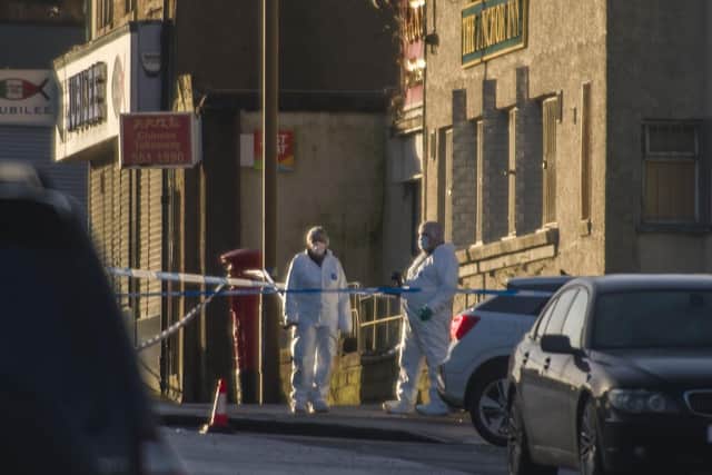 Police pictured on the scene on Monday, January 1, investigating the murder of Marc Webley, 38, in Granton on Hogmanay, Sunday, December 31, just minutes before midnight.