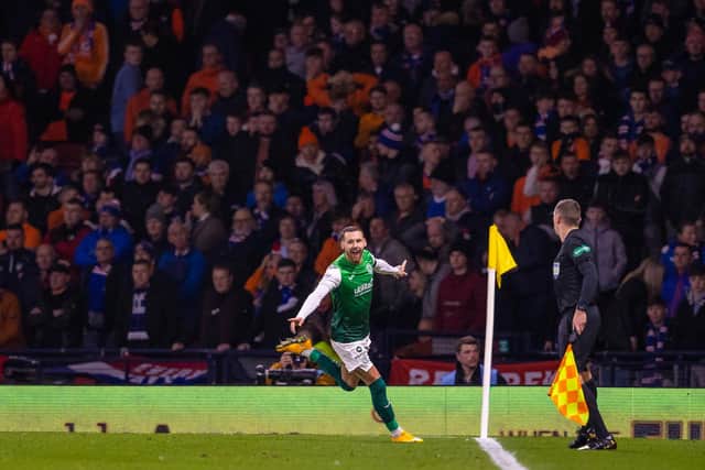 Martin Boyle celebrates making it 2-0 to Hibs during Sunday's Premier Sports Cup semi-final victory over Rangers. Picture: SNS