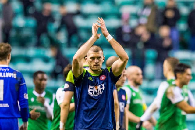 Hamilton’s Alex Gogic applauds the fans at full time during the Ladbrokes Premiership match between Hibernian and Hamilton at Easter Road on January 22, 2020. (Photo by Bruce White / SNS Group)