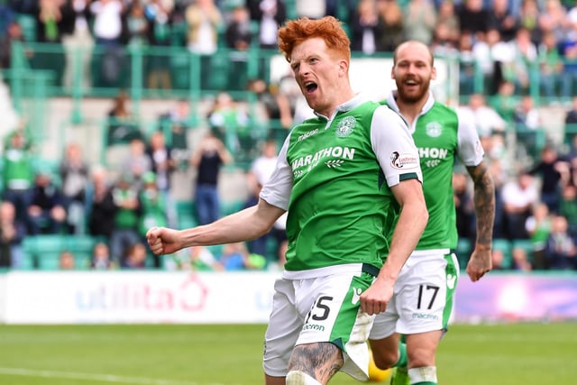 Simon Murray celebrates scoring on his league debut after netting from the penalty spot as Hibs get their top-flight return off to a flyer. Steven Whittaker and, who else, Martin Boyle also scored after Chris Erskine gave the visitors an early lead.