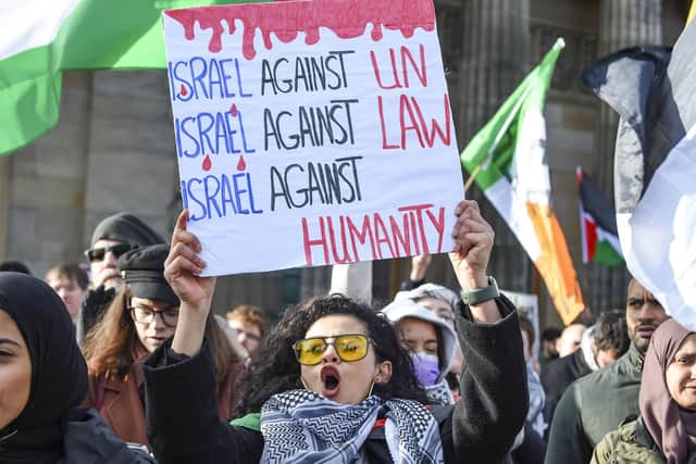 Protesters take part in the Gaza demonstration at The Mound in Edinburgh on Saturday afternoon.  Picture: Lisa Ferguson.