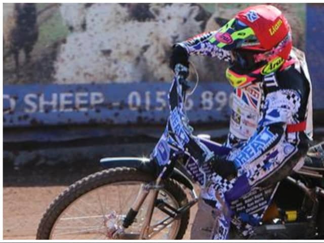 Liam Morris, pictured in action here, has been devastated by the loss of his bike and other speedway equipment from outside his family home in Livingston.