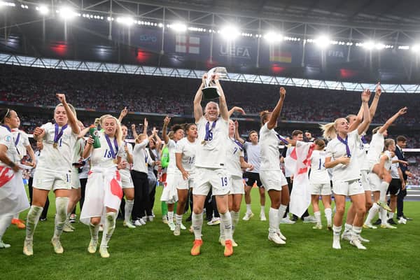 England's Lionesses celebrate winning the Uefa Women’s Euro 2022 Trophy (Picture: Harriet Lander/Getty Images)