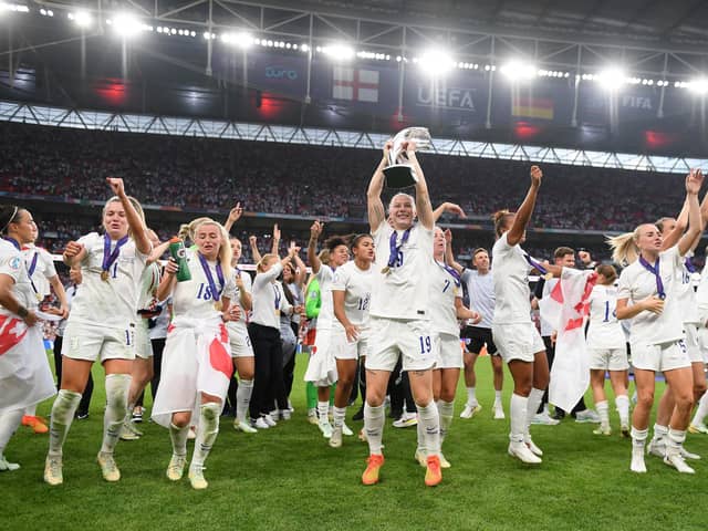 England's Lionesses celebrate winning the Uefa Women’s Euro 2022 Trophy (Picture: Harriet Lander/Getty Images)
