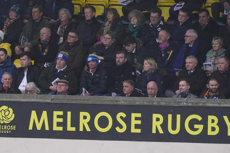 Crowds in the stands at Melrose RFC during a memorial service for Doddie Weir in Melrose.