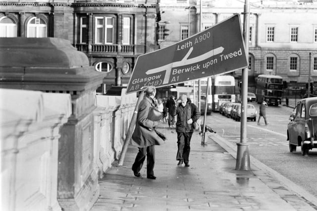 This road sign in North bridge was twisted by the wind when gales hit Edinburgh in March 1982.
