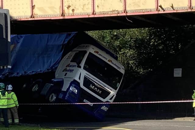 The lorry which struck a bridge at Cameron Toll in Edinburgh on Thursday afternoon.