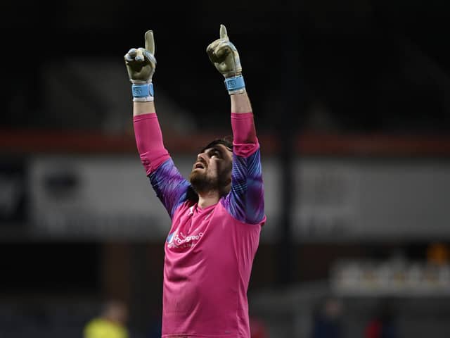 Bonnyrigg Rose goalkeeper Mark Weir celebrates his side going 1-0 up during the Scottish Cup tie with Dundee. The Lowland League side eventually lost 3-2 (Photo by Rob Casey / SNS Group)