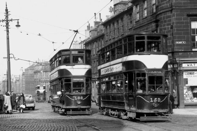 Edinburgh trams, Nos 159 and 166, on Service 9 to Granton and Colinton, are seen on the corner of Broughton Street and Picardy Place on March 26, 1955. This is of course the spot where the new tram system stopped at York Place, before the tram line extension was opened this year.