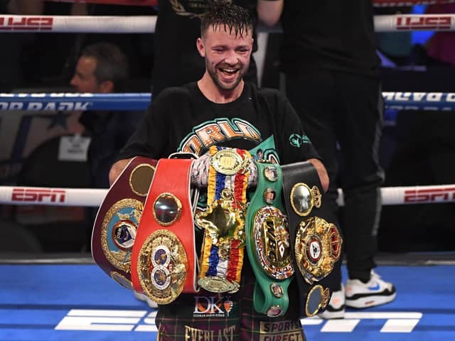 Josh Taylor poses with his title belts after his win by unanimous decision over Jose Ramirez. The five belts are from the WBO, WBA, IBF and WBC and The Ring magazine. Picture: David Becker/Getty Images