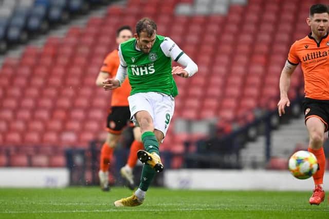 Christian Doidge put Hibs 2-0 up during the Scottish Cup semi-final. (Photo by Rob Casey / SNS Group)