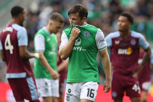 Lewis Stevenson looks dejected during the first leg of the Europa Conference League play-off tie between Hibs and Aston Villa. Picture: Craig Williamson / SNS Group