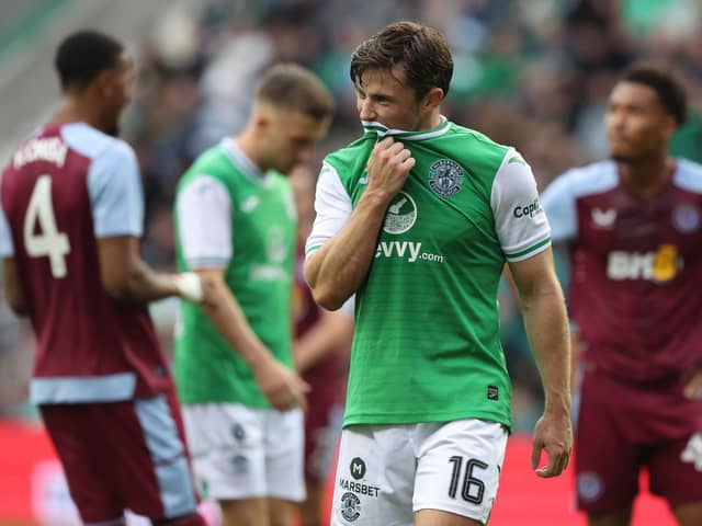Lewis Stevenson looks dejected during the first leg of the Europa Conference League play-off tie between Hibs and Aston Villa. Picture: Craig Williamson / SNS Group