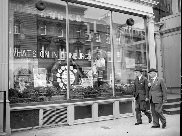 Telephone exchange on George Street. The Teletourist Information service display in window provided visitors with a daily programme of events in and around Edinburgh.