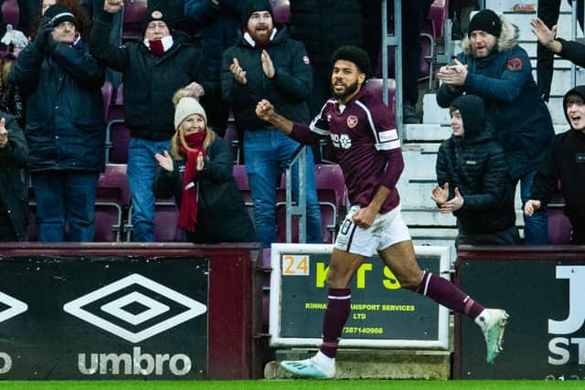 Ellis Simms celebrates after scoring to make it 2-0 to Hearts in their victory over Motherwell. Picture: SNS