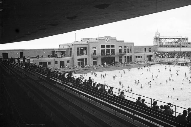 A view from the spectator area at Portobello Outdoor Swimming Pool taken in July 1956.