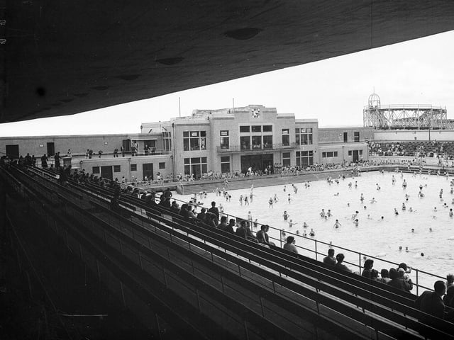 A view from the spectator area at Portobello Outdoor Swimming Pool taken in July 1956.